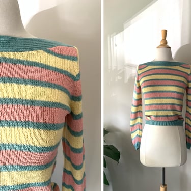 Vintage 1980s Pastel Striped Easter Egg Knit Sweater | Size Small 