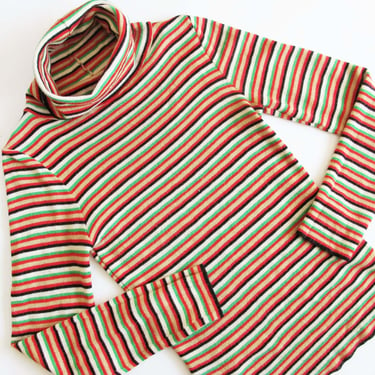 Vintage 70s Stripe Turtleneck S - Multicolor Red Green Black Skinny Stripe Floppy Cowl Neck Turtle Neck Long Sleeve Shirt 