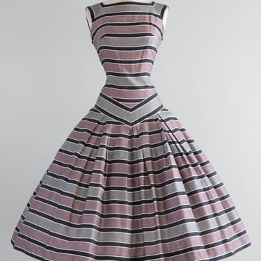 Splendid 1950's Cotton Striped Party Dress With Bow / SM
