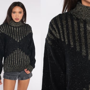 Metallic Sweater 80s 90s Sparkly Black Gold Ribbed Knit Turtleneck Glitter Silk Acrylic Lurex Pullover Turtle Neck Glam Vintage Large L 