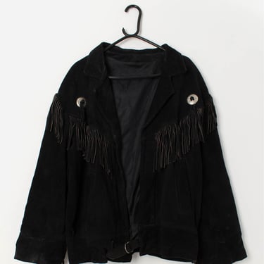 80s vintage fringed black suede jacket with metal details - Large 