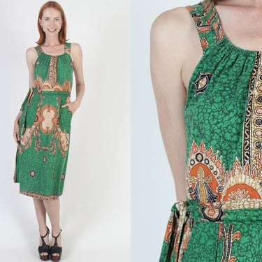 Vintage 70s Ethnic Dashiki Dress, Floral Wrap Tribal Cotton Sundress, Smocked Party Waist Tie Midi Dress 