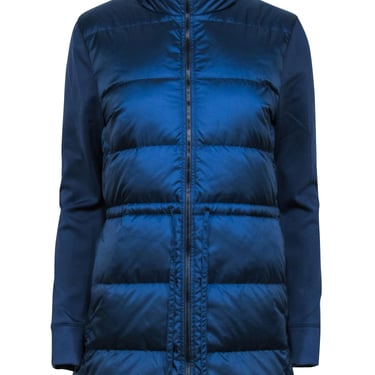 Theory - Navy Blue Quilted Puffer Coat w/ Drawstring &amp; Scuba Sleeves Sz M