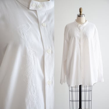 white button down shirt 80s 90s vintage men's white music embroidered long sleeve shirt 