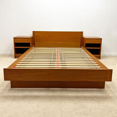 Danish modern teak queen floating platform bed with nightstands storage mid century 