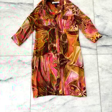 Boston Proper Andrea Behar Pink Hawaiian Print Satin Half Button Shirt Dress Size 6 