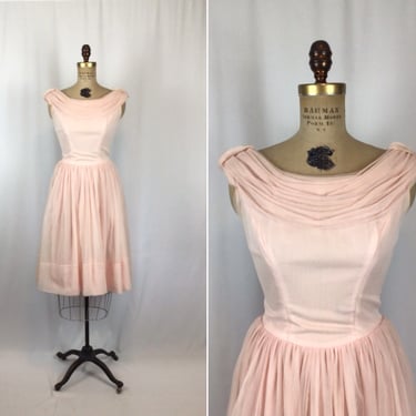 Vintage 50s dress | Vintage pale pink chiffon party dress | 1950s fit and flare cocktail dress 