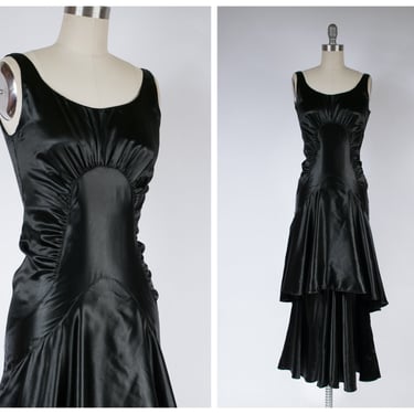 RESERVED on LAYAWAY 1930s Dress -  Incredible Sexy Vintage 30s Jet Black Bias Cut Silk Satin 30s Gown with Ruching, Low Back & Tiered Skirt 