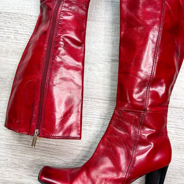 Vintage Cherry Red Leather Mid Calf Boots size 10