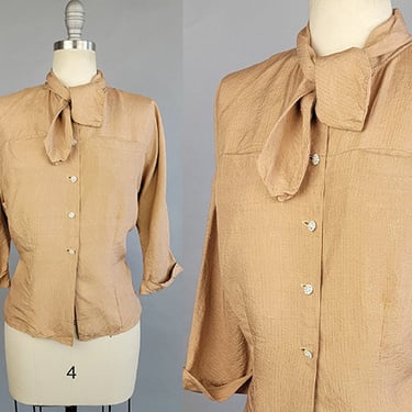 1950s Silk Blouse / 50s Pure Silk Blouse with Rhinestone Buttons and Tie Collar / Size Large 