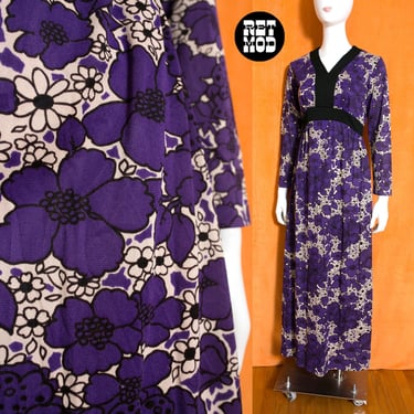 Vintage 60s 70s Purple & Black Flower Power Maxi Dress 
