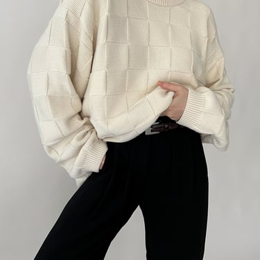 Vintage Ivory Checkered Knit Sweater