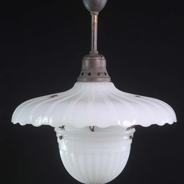 Rare 1910s Ruffled Milk Glass Fluted Semi Flush Pendant Light