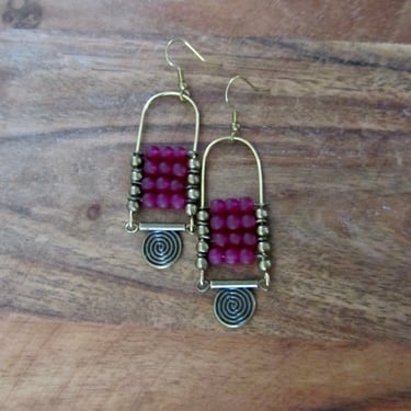 Pink frosted glass and bronze chandelier earrings 
