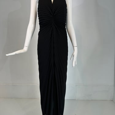 Joseph Ribkoff Black Crepe Plunge V Neckline Sunburst Pleat Halter Neck Dress 6