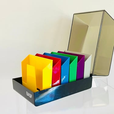 Vintage 1980s Retro Rainbow Plastic Organizer Storage Case Tray Remotes Mail Supplies Disk Holder BASF SRW Computer 