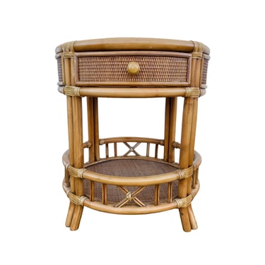 Vintage Rattan End Table with Drawer FREE SHIPPING - Round Bamboo Coastal Side Accent Furniture 