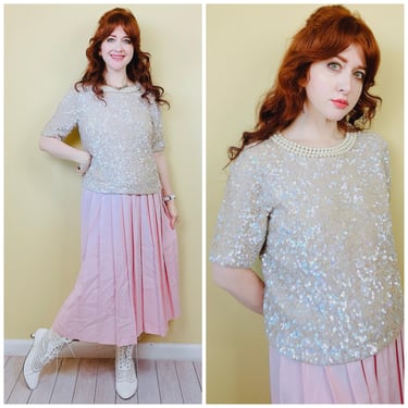 1980s Vintage Just Fabulous Sequin Blouse / 80s Cream Iridescent Beaded Silk Shirt / Size Large 