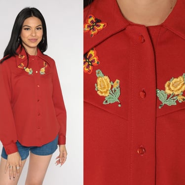 Butterfly Blouse 70s Red Button Up Shirt Floral Embroidered Top Rhinestone Disco Shirt Dagger Collar Long Sleeve Boho Vintage 1970s Medium M 