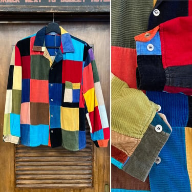 Vintage 1960’s Krazy Patchwork Corduroy Mod Rockabilly Shirt, 60’s Camp Collar, Vintage Clothing 