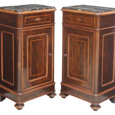 Antique Bedside Cabinets, (2) Italian Inlaid Rosewood, Marble-Top , Early 1900s!