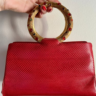 Rare High End Designer Judith Leiber Red Snake Skin Gold Jeweled Bracelet Top Handle Purse