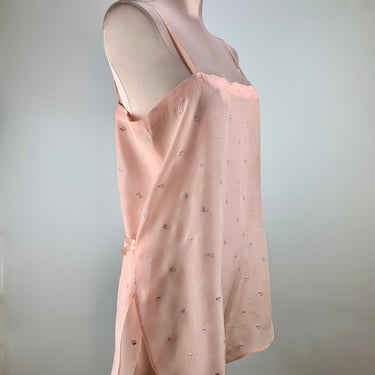 1920'S PURE SILK Teddie - Pale Pink Silk with Tiny Embroidered Flowers - Women's Size Medium 
