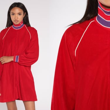 Velour Lounge Dress 80s Red Mini Dress Front Zip Up Pajama Robe High Neck Cuffed Mod Long Raglan Sleeve Loungewear Vintage 1980s Large L 