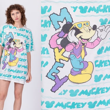 90s Mickey Mouse T Shirt Dress - One Size | Vintage Disney Cartoon Striped Graphic Sleep Shirt 