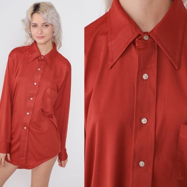 Rust Red Button up Shirt 70s Disco Shirt Dagger Collar Top Long Sleeve Blouse Retro Chest Pocket Collared Vintage 1970s Men's Large 16 1/2 