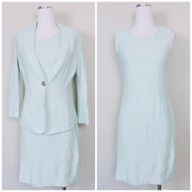 1990s Vintage Mint Green St. John Knit Dress Set / 90s / Nineties Rayon / Wool Shift Dress and Blazer / Size 8 