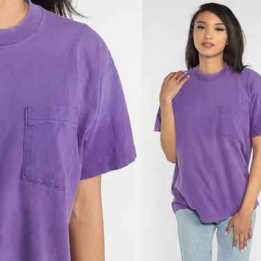 Purple Pocket Tee 90s T Shirt Retro Plain TShirt Solid Color T-Shirt Minimalist Top Basic Shirt Hipster Streetwear Vintage 1990s Large L 