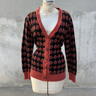 Vintage 1940s Red Knit Wool Sweater Circle Design  Cardigan 1950s Button Up