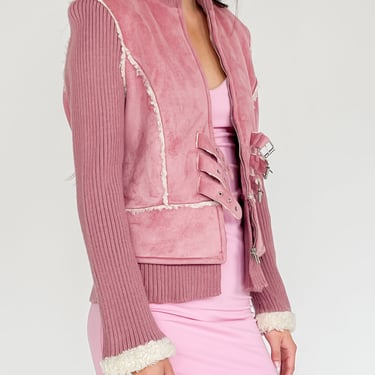 Pink Ribbed Knit Buckle Sweater Jacket (M)
