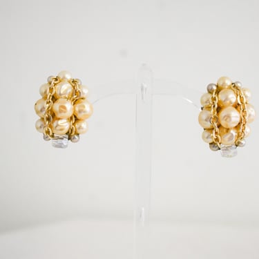 1960s Ivory Pearl and Chain Cluster Clip Earrings 