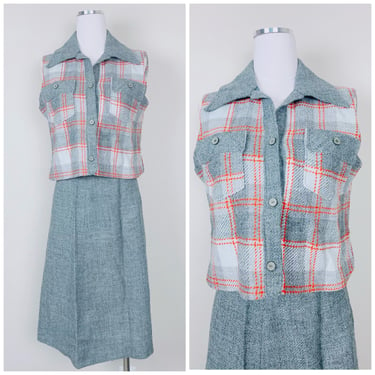 1970s Vintage Acrylic Grey and Orange Plaid Skirt Set / 70s / Seventies Plaid Vest and Pencil Skirt / Size Small 