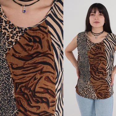 Animal Print Tank Top 90s Tiger Stripe Leopard Shirt Animal Print Blouse Rayon 1990s Vintage Brown Cheetah Sleeveless Shirt Medium 