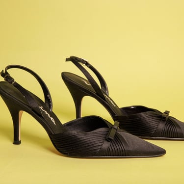 90s Black Bow Strappy Audrey Hepburn Heels Vintage Adjustable Pointy Strappy Designer Heels 
