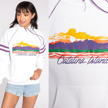 Catalina Island Sweatshirt 80s LA Hoodie California Raglan Sleeve Hooded Retro Jumper Pullover 1980s Graphic Vintage White Medium 