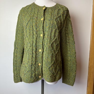 Vintage chartreuse Green cardigan Sweater~ colorful Cable knit wooden buttons~ Orvis wool- silk blend  boho preppy~ Size Medium 