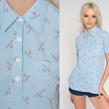 Baby Blue Polo Shirt 70s Floral Fruit Half Button Up Retro Short Sleeve Collared Preppy Flower Print Top Seventies Vintage 1970s Small S 