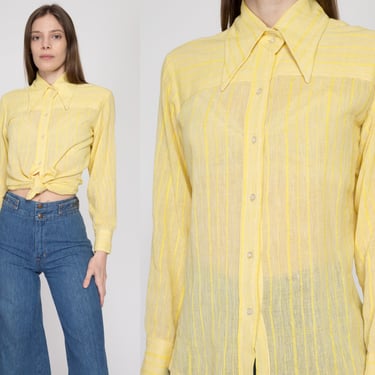 Small 70s Yellow Gauzy Woven Cotton Dagger Collar Shirt | Vintage Made In India Boho Long Sleeve Button Up Top 
