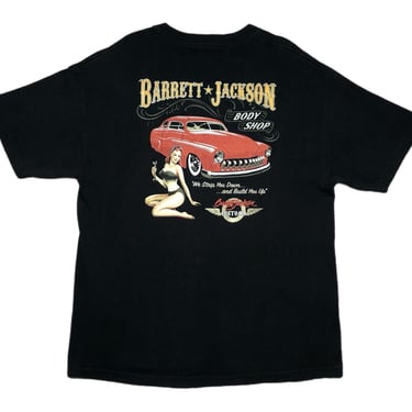 Vintage 90s Barrett Jackson Body Shop “We Strip You Down, And Build You Up” Double Sided Old School Car Graphic T-Shirt Size XL 