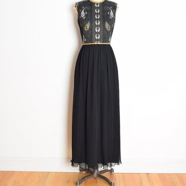 vintage 60s dress black metallic paisley pleated long maxi hostess gown S M clothing 