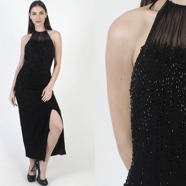 Black Beaded Dress, Y2K Prom Gown, Short Cocktail Party Mini, Formal Event Sundress 