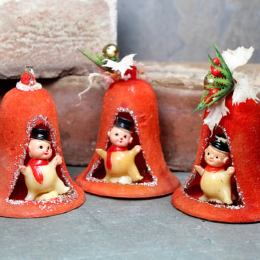 Vintage Bell Ornaments with Adorable Snowmen Characters - Mid-Century Christmas 