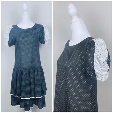 1970s Vintage Black and White Swiss Dot Dress / 70s / Seventies Puffed Sleeve Tiered Poly Cotton Dress / Size XS / Small 