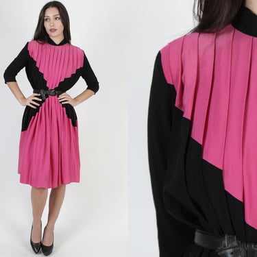 1980s Hourglass Figure Secretary Dress, Vintage ColorBlock Batwing Mini Frock, Black Pleated Pink Structured Outfit 
