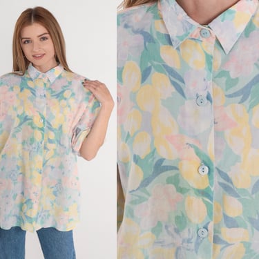 Pastel Floral Blouse 80s 90s Button up Shirt Short Sleeve Spring Tulip Rose Flower Leaf Print Collared Top Summer Casual Vintage 1990s Large 