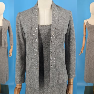 Vintage 60s Perullo for Fred Perlberg XS Gray Metallic Wool Dress and Jacket Set 